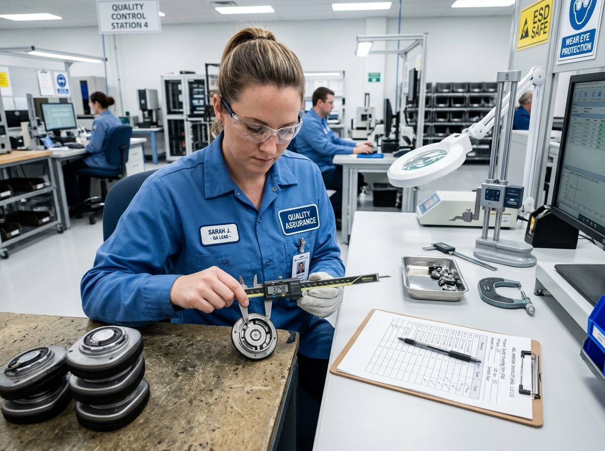 Certified QC inspector checking product specifications on factory floor in China